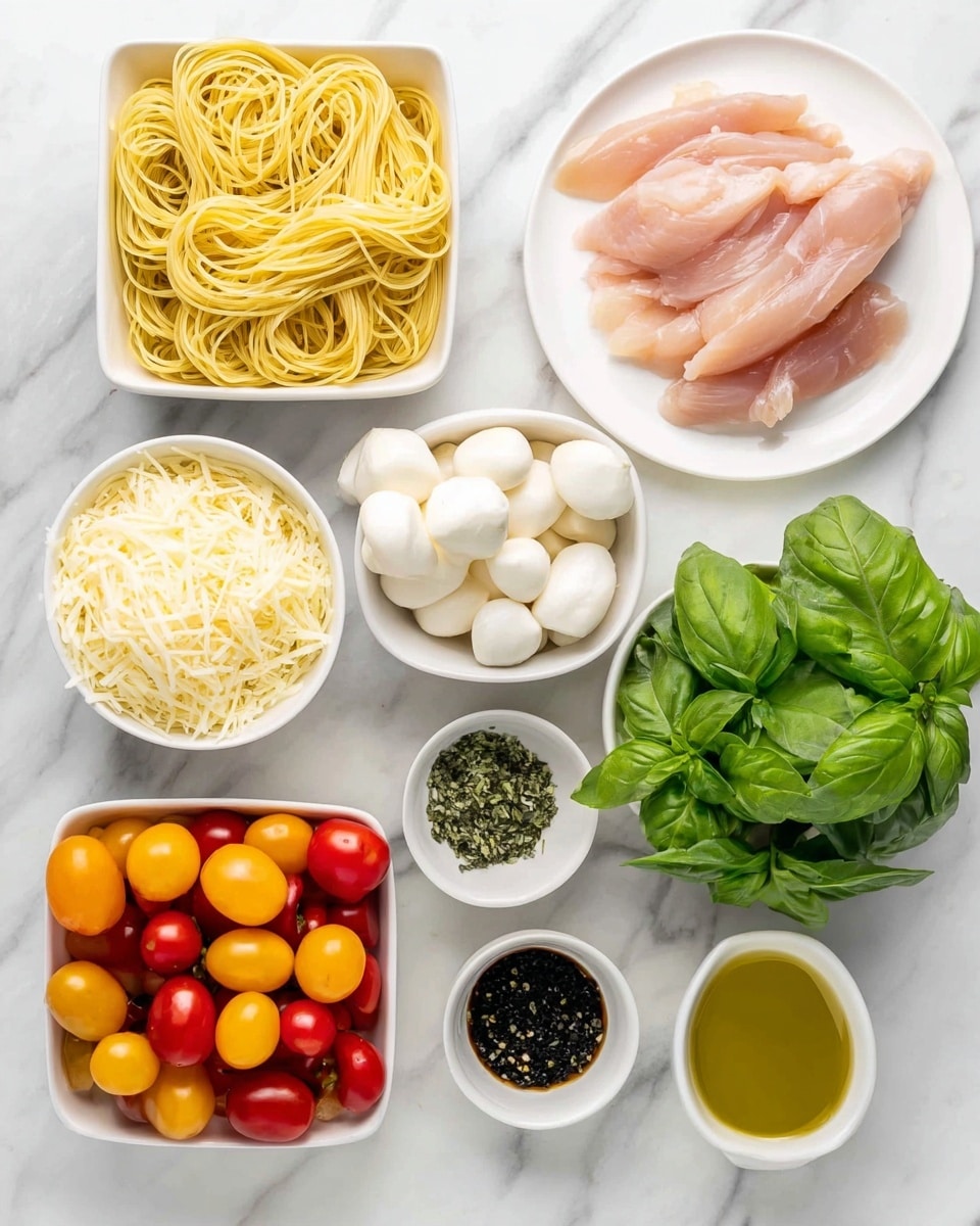 The image shows an arrangement of ingredients on a white marbled surface. In the top left corner, there is a white square bowl filled with light yellow cooked noodles. To its right, on a white plate, there are several pieces of raw pink chicken strips stacked. Below the noodles, a small white round bowl is filled with small white mozzarella balls. Beside it to the right, a small white dish holds six whole garlic cloves. Next to the garlic, there is a bunch of fresh green basil leaves with a shiny texture. Below the basil, a white round bowl contains dried dark green herbs. Near the center, a white square bowl is filled with shredded pale yellow cheese slices. Below and to the left, a white round bowl holds light green dried herbs. Towards the bottom left, a white square bowl is full of colorful cherry tomatoes in red, yellow, and orange shades. To the bottom right, a white round bowl contains golden olive oil, and above it is a small white bowl with dark balsamic vinegar. All ingredients are neatly placed, emphasizing their fresh and vibrant colors photo taken with an iphone --ar 4:5 --v 7