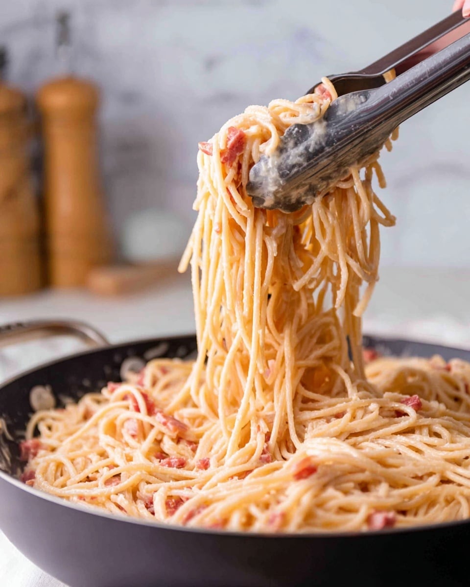 A close-up shot shows a large pan filled with creamy spaghetti mixed with small chunks of reddish pieces, likely tomato or meat. The spaghetti is light beige with a smooth, slightly glossy texture, coated evenly in a thick cream sauce. A woman's hand is holding silver tongs lifting a high bunch of noodles from the pan, showing the pasta strands stretching and hanging in loops. The background is a soft white marbled texture with blurred kitchen items. photo taken with an iphone --ar 4:5 --v 7