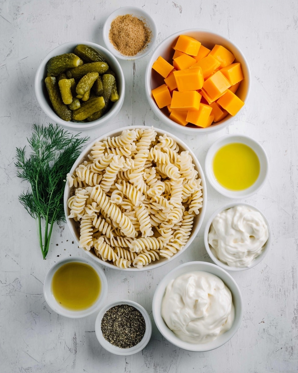 The image shows several white bowls and small containers placed on a white marbled surface. In the center is a large white bowl filled with plain cooked rotini pasta, light beige in color with a curly texture. Above it is a medium white bowl full of bright orange cubes of cheese. To the left, a small white bowl contains chopped green pickles with a bumpy texture. Below that is a bunch of fresh green dill. There are two small white containers holding dried green herbs and a light brown powdery spice. To the right of the pasta, there is a small white bowl with smooth bright yellow olive oil and another small container with dark ground black pepper. At the bottom right, a medium white bowl holds thick, creamy white mayonnaise, and above it, another white bowl contains smooth white sour cream. photo taken with an iphone --ar 4:5 --v 7
