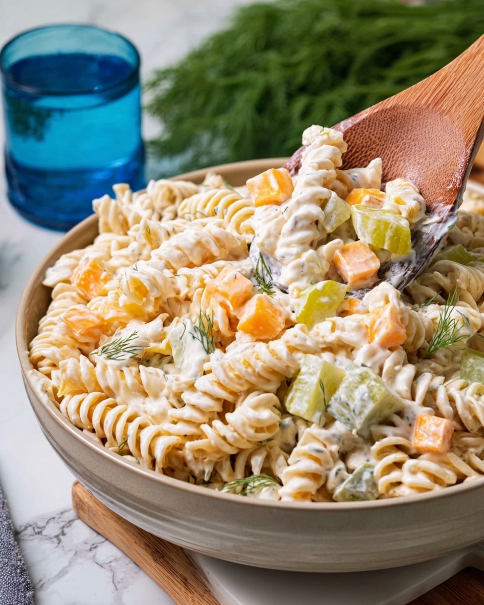 A bowl full of creamy pasta salad with three layers: the first layer is pale beige spiral rotini pasta coated in a white creamy dressing with small green dill specks; the second layer has bright orange cheese cubes and light green pickle chunks spread evenly among the pasta; the third layer shows fresh green dill in the background behind the bowl. A wooden spoon lifts a mix of pasta, cheese cubes, and pickles from the bowl. Nearby, a blue glass with water and a white marbled surface are visible. photo taken with an iphone --ar 4:5 --v 7