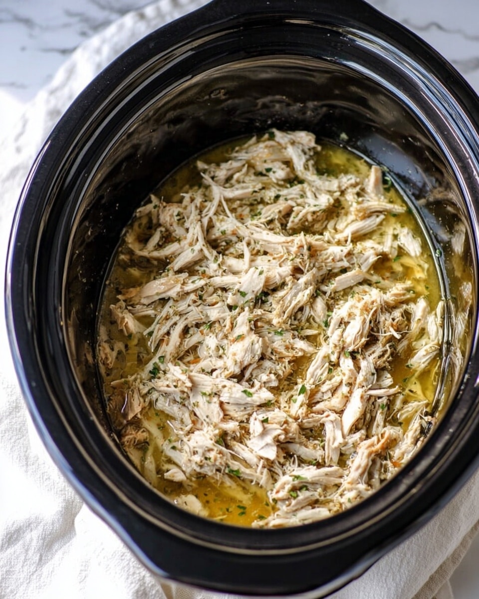 Inside a large black slow cooker, there is one layer of shredded light brown chicken mixed with small bits of herbs. The chicken looks moist and is partly covered with a clear yellowish broth that has a shiny surface. The slow cooker is placed on a white marbled surface, and a white cloth is visible beside it. Photo taken with an iphone --ar 4:5 --v 7