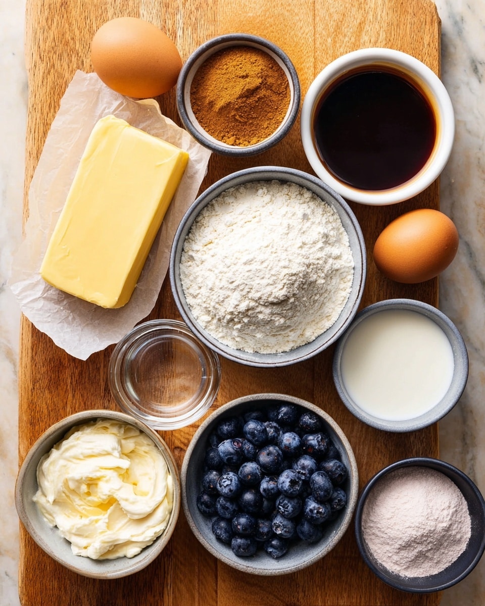 The image shows baking ingredients arranged neatly on a wooden surface. There are two whole brown eggs placed near a white bowl filled with light brown powder, likely cinnamon. Next to it is another white bowl with dark brown liquid, possibly vanilla extract, and a small clear glass bowl with white liquid. In the center is a gray bowl full of white flour with a slightly rough texture. Below the flour is a cluster of fresh, deep blue blueberries in a gray bowl. To the left, a block of smooth yellow butter rests on partially open white wax paper on a light wooden board. Nearby is a bowl with white creamy substance, likely cream cheese, and a small black bowl containing white and pink powders, probably baking soda and salt. Another gray bowl contains a fine light brown sugar. The whole setup is on a white marbled background. Photo taken with an iphone --ar 4:5 --v 7