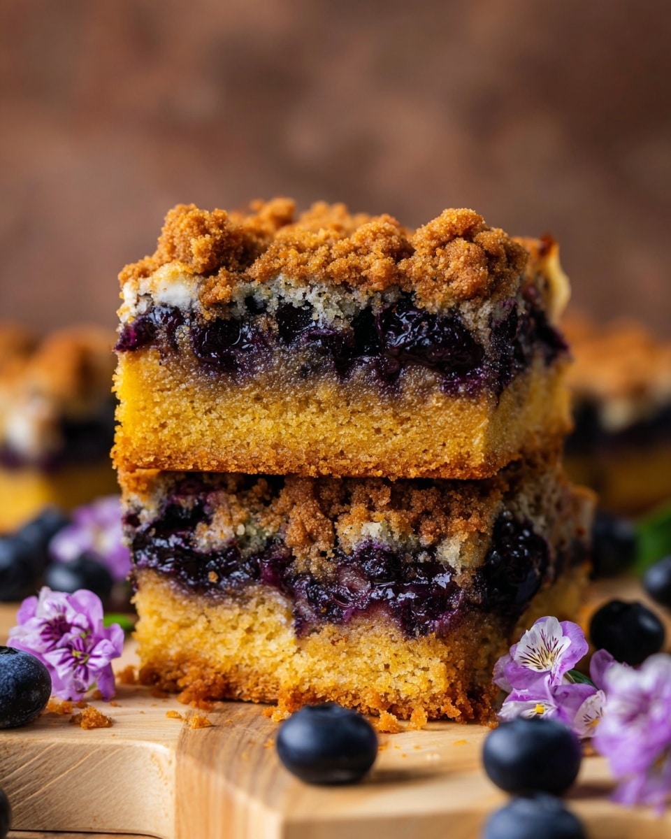A close-up of two stacked square pieces of crumb cake with a golden brown crumb topping. The top layer is a crispy brown crumb, under it is a layer filled with dark purple blueberries soaked in a glossy, juicy sauce, and the bottom layer is a moist, light brown cake base with a soft texture. The cake pieces are on a light wooden surface with a few scattered dark blueberries and edible light purple flowers around, set against a blurred brown background replaced by a white marbled texture. photo taken with an iphone --ar 4:5 --v 7