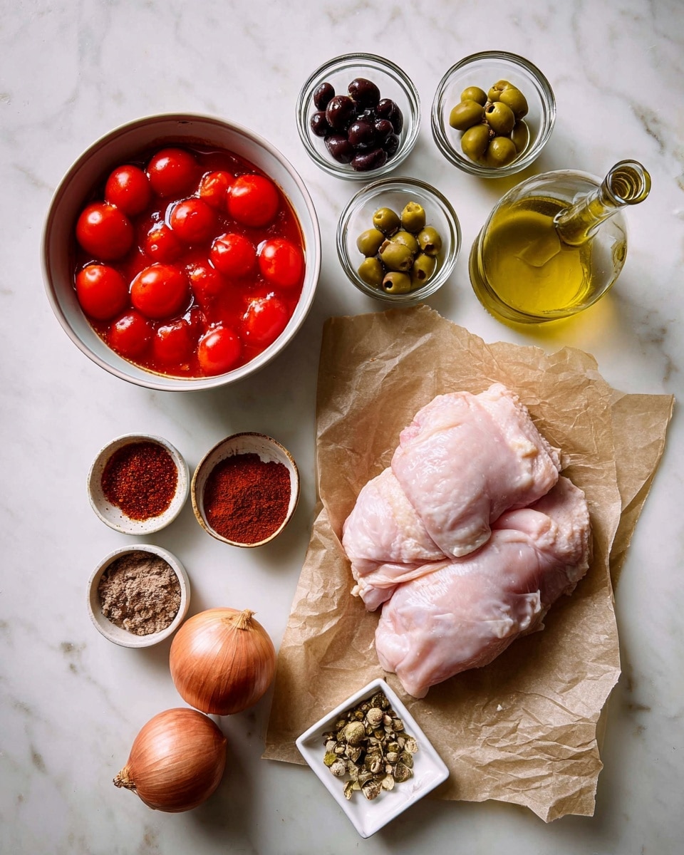 A white bowl filled with bright red peeled tomatoes in the center left, surrounded by small glass bowls with black and green olives at the top, and a clear glass bottle of golden olive oil on the top right. Below the tomatoes, three shallots and a garlic bulb lie side by side on a white marbled surface. To the right, raw pale pink chicken thighs rest on crumpled brown parchment paper. Around these main items, small bowls hold dark reddish-brown and pale green spices, and a white rectangular dish contains small brown pieces. The whole scene is arranged on a white marbled surface. photo taken with an iphone --ar 4:5 --v 7