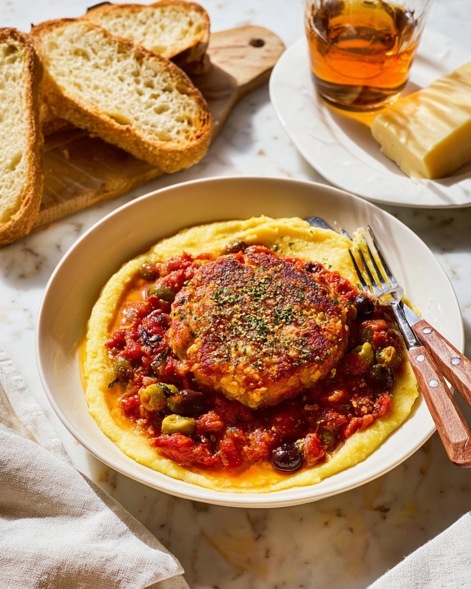 A white plate holds a three-layered dish on a white marbled surface: the bottom layer is light yellow and creamy in texture, spread evenly around the plate’s edge; the middle layer is a chunky red tomato sauce mixed with green and black olives and small pieces of vegetables; the top layer is a thick, golden-brown patty sprinkled lightly with herb flakes, placed in the center. To the right on the plate, a fork and knife with wooden handles rest partially in the sauce. Nearby, thick slices of toasted bread with a golden crust lean against each other, and a clear glass of amber liquid sits next to a block of cheese on a white plate. photo taken with an iphone --ar 4:5 --v 7