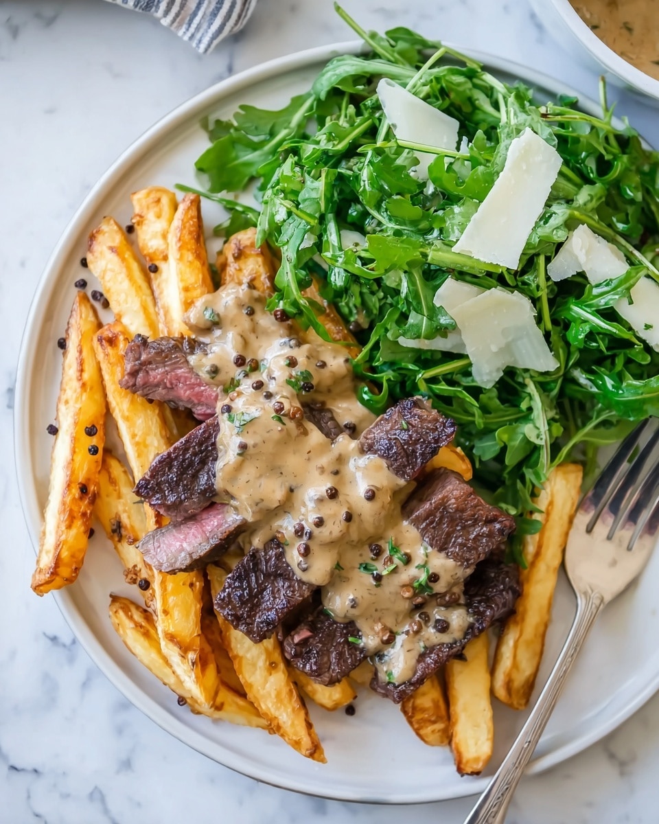 The image shows a white plate with three main layers: at the bottom is a layer of thick, golden-brown fries, arranged roughly parallel and slightly overlapping; on top of the fries is a grilled steak sliced into thick pieces with a dark brown seared crust; the steak is covered with a creamy light brown sauce with visible whole black peppercorns; to the side of the steak and fries is a fresh green arugula salad with bright green leaves and thin slices of pale white cheese scattered throughout; a silver fork lies next to the food on the plate; the scene is set on a white marbled surface; photo taken with an iphone --ar 4:5 --v 7