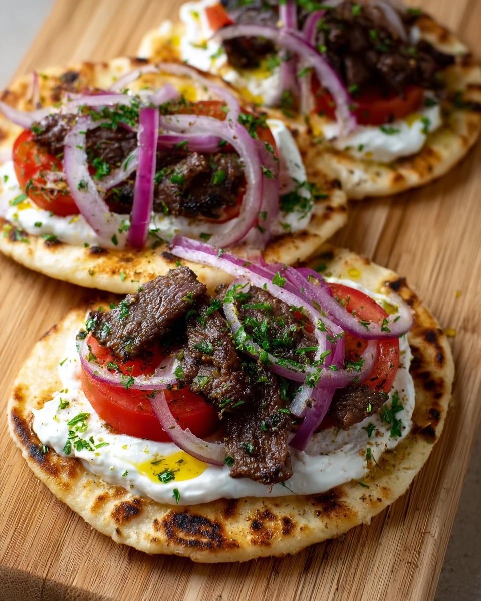 Three flat round pieces of round flatbread with brown spots as the base layer, each topped with a layer of white creamy sauce. On top of the sauce, there are strips of dark brown grilled meat. Thin slices of bright red tomatoes and light purple onion rings are layered over the meat. The dish is sprinkled with small green herb pieces and drops of yellow oil, all placed on a light wooden surface. photo taken with an iphone --ar 4:5 --v 7