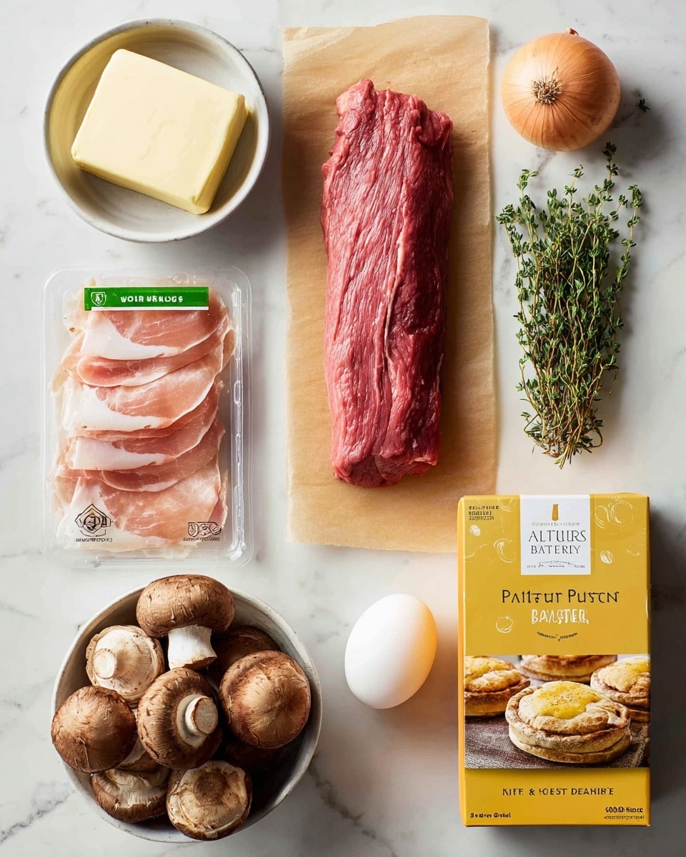 The image shows ingredients neatly arranged on a white marbled surface. On the top left, there is a small white bowl with two thick, pale yellow slices of butter. Next to it on the right is a single shallot with a light brown skin. Below the shallot, a bunch of fresh green thyme sprigs lay flat. To the right, a long piece of raw red meat rests on light brown parchment paper. In the center-left, a clear plastic package contains six thin slices of pink prosciutto crudo with white edges and a green label on top. On the bottom left, a white bowl is filled with whole brown mushrooms with pale white stems. Beside the mushrooms, at the center bottom, there is a single white egg. Lastly, on the bottom right side of the image, a square yellow box labeled