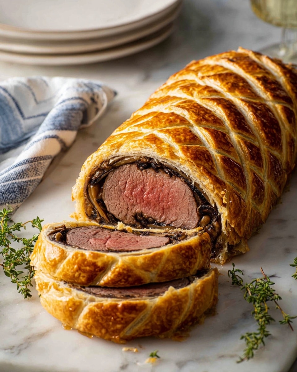 A golden brown pastry with a crisscross pattern on top wraps around three visible slices of a beef dish, each slice showing a pink center surrounded by a darker mushroom or herb layer, all resting on a white marbled surface with a small sprig of green herb nearby, a stack of white plates and a piece of fabric with blue and white stripes in the background photo taken with an iphone --ar 4:5 --v 7