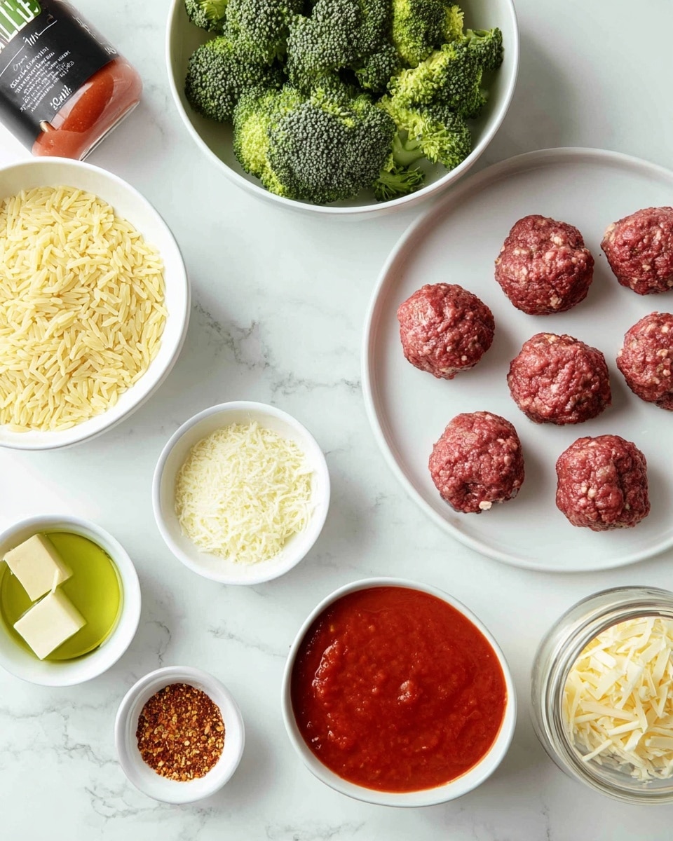 The image shows a white round plate on the right side holding nine raw meatballs arranged in three rows, each with a rough, textured red surface. Above the meatballs is a white bowl filled with dry, light yellow orzo pasta, showing a grainy texture. To the left of the orzo, a white bowl holds a heap of broccoli florets with a vibrant green color and slightly bumpy texture. Below the broccoli bowl, there is a small white dish with a greenish-yellow bouillon cube. Near the center, a small white bowl contains a pile of grated pale yellow cheese with a soft, shredded texture. At the bottom center, there is a white bowl filled with smooth red tomato sauce. To the left of the sauce, a tube of garlic puree with a green and black package lies next to two glass spice jars, one with dark red crushed chillies and the other with orange smoked paprika. The surface underneath everything is a white marbled texture photo taken with an iphone --ar 4:5 --v 7