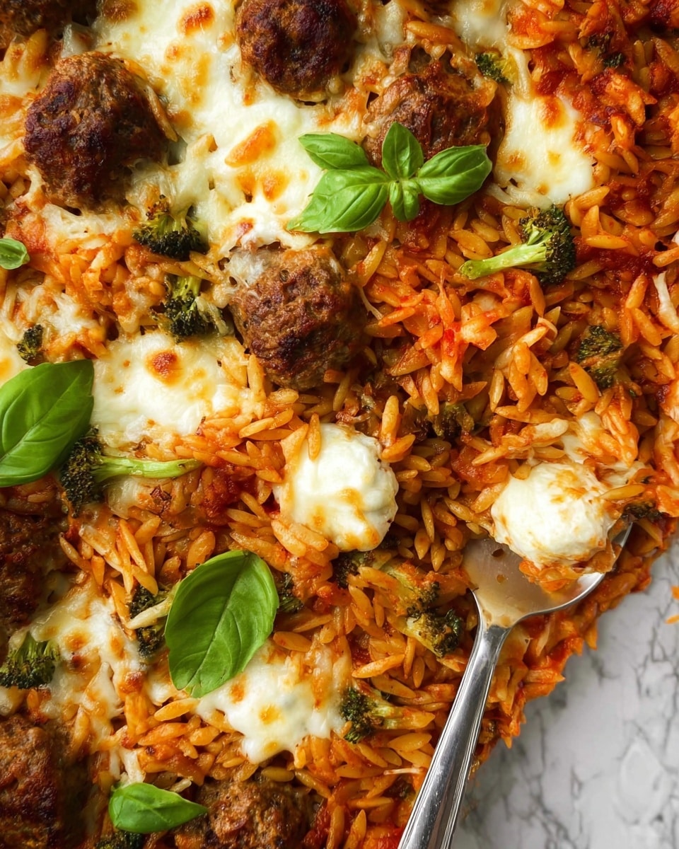 This dish is a close-up of baked orzo pasta mixed with tomato sauce, topped with meatballs and chunks of melted golden and white cheese. The orzo, coated in bright red sauce, fills the base, while browned meatballs and small pieces of broccoli sit spread throughout. Patches of melted cheese create a creamy layer on top, slightly browned in places. Fresh green basil leaves are scattered over the dish for color contrast. A silver spoon is resting on the pasta on the right side. The dish is presented on a white marbled surface. photo taken with an iphone --ar 4:5 --v 7