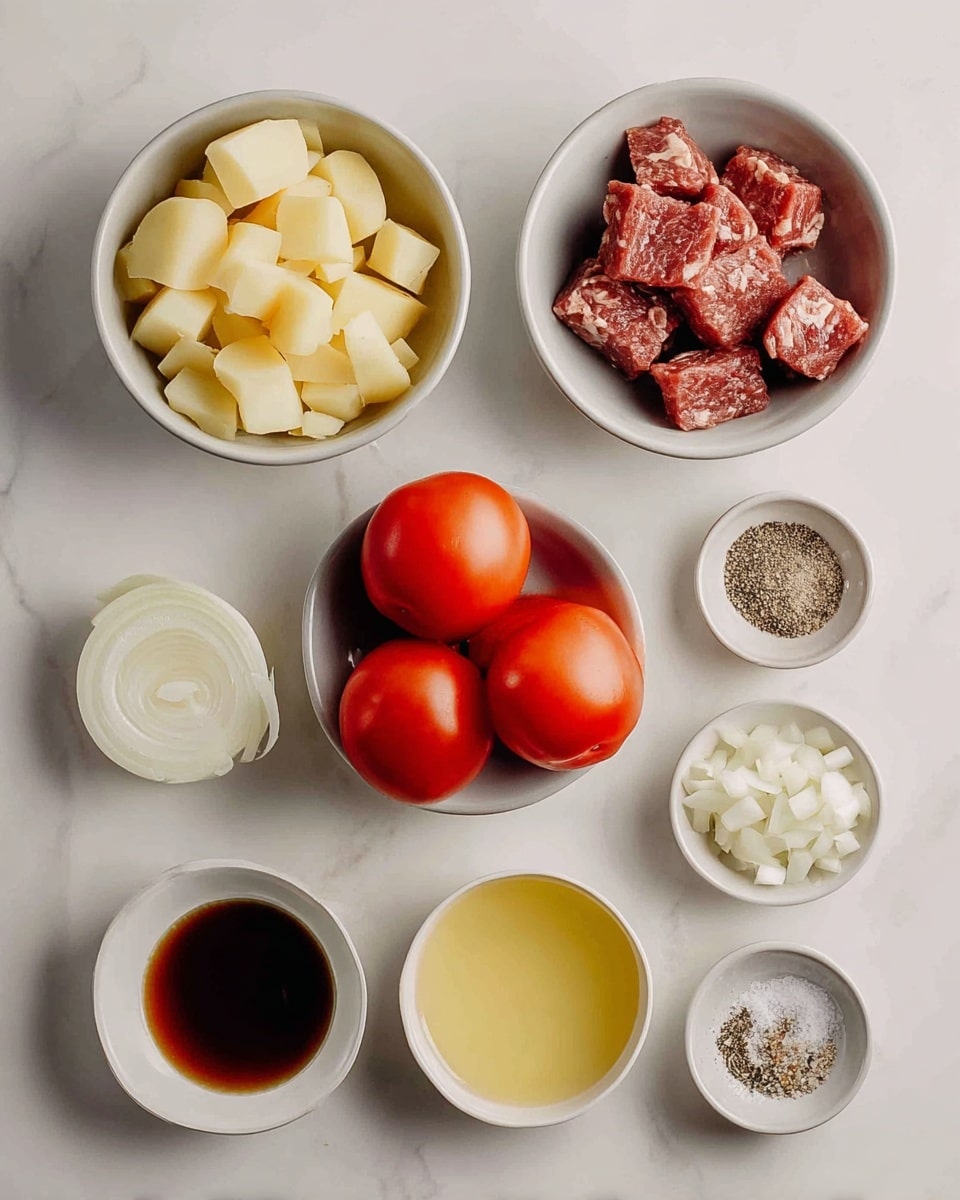 There are seven white bowls and small dishes arranged on a white marbled surface. The top left bowl holds pale yellow potato chunks. To its right, a bowl contains small cubes of raw meat with a reddish-brown color. Below the potatoes, a bowl holds three whole red tomatoes with smooth skin. To the right of the tomatoes, a bowl has chopped white onions. At the bottom left, a small dish contains dark brown liquid, likely sauce. Next to it, a dish holds light yellow liquid. On the bottom right, two tiny bowls contain coarse white salt and coarse ground black pepper. The setup shows all ingredients clearly spaced apart. photo taken with an iphone --ar 4:5 --v 7