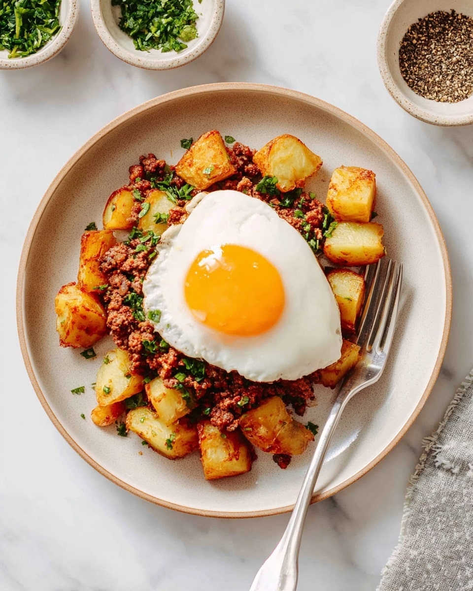 A light beige round plate on a white marbled surface holds three main layers: the bottom layer is uneven chunks of golden-brown fried potatoes with a slightly crispy texture; the middle layer is browned ground meat mixed with finely chopped green herbs scattered over the potatoes; on top sits a sunny-side-up egg with a bright orange yolk and smooth white edges. To the right side of the plate, a silver fork rests partially on the food, and in the upper background are small bowls with chopped green herbs and ground black pepper. photo taken with an iphone --ar 4:5 --v 7