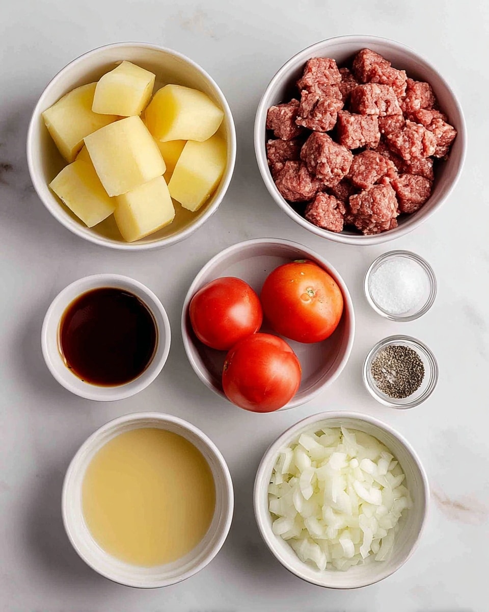 The image shows seven white bowls arranged neatly on a white marbled surface. The top left bowl contains large pieces of peeled potatoes with a smooth, pale yellow color. Next to it, on the right, is a bowl filled with small, cubed pieces of raw ground meat, brownish-red with a crumbly texture. Below the potatoes, a bowl holds three whole red tomatoes with smooth skins. To the right of the tomatoes is a smaller bowl filled with finely chopped white onions. At the bottom left, there is a small bowl of dark brown liquid, and next to it, a similar-sized bowl with a pale yellow liquid. Finally, on the bottom right, two tiny bowls contain coarse white salt and cracked black pepper. All bowls are clean and simple in style, creating a clear and organized view of the ingredients. Photo taken with an iphone --ar 4:5 --v 7
