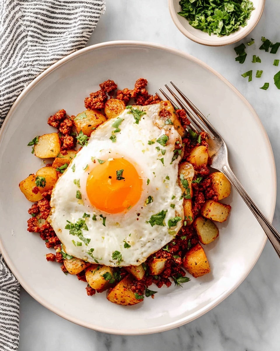 A white plate holds a cooked dish with three main layers. The base layer is a mix of browned, chunky potato pieces and reddish-brown crumbled meat, with small green herb bits scattered on top. On the top middle layer sits a fried egg with a bright orange yolk and white edges slightly brown. A silver fork rests on the right side of the plate, touching the food. The plate is set on a white marbled surface, alongside a small bowl with green chopped herbs and part of a striped cloth. photo taken with an iphone --ar 4:5 --v 7