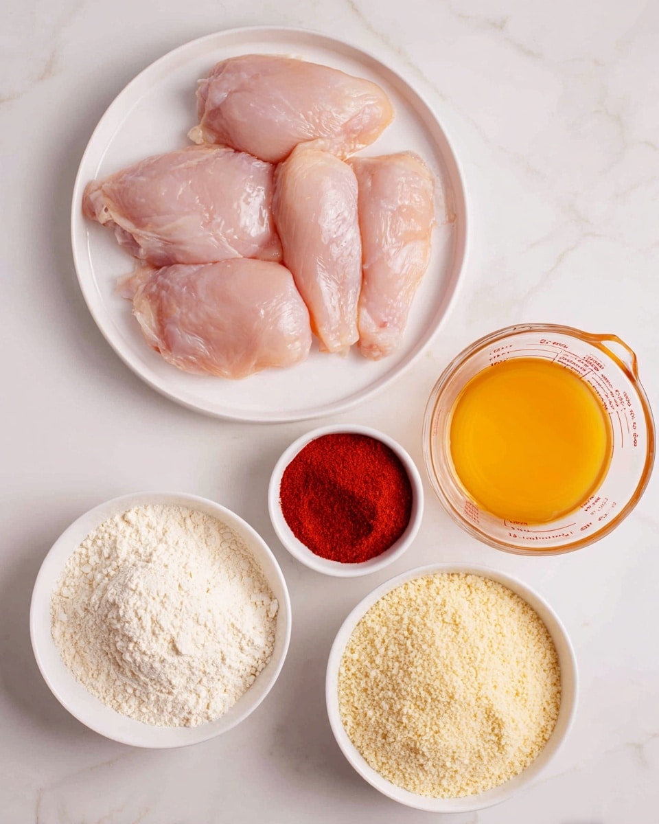 The image shows a white plate with five raw chicken pieces, pale pink in color and smooth in texture, placed slightly overlapping each other on the top left. To the right of the plate is a clear glass measuring cup filled with a yellow-orange liquid, likely beaten eggs. Below the measuring cup is a small white bowl containing bright red powder, possibly paprika or chili powder. Below the chicken plate and to the left of the red powder is a white bowl filled with white flour that has a fine, powdery texture. To the right of the flour bowl is another white bowl filled with pale yellow breadcrumbs that look coarse and grainy. All items are on a white marbled surface. photo taken with an iphone --ar 4:5 --v 7