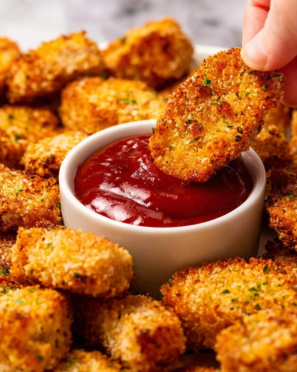 A close-up of a golden brown crispy chicken nugget being dipped by a woman's hand into a small white bowl filled with bright red ketchup. The chicken nuggets are breaded with a crunchy texture and scattered around the bowl on a white marbled surface. Some nuggets have tiny green herb specks sprinkled on them, adding a touch of color contrast. The deep red ketchup looks smooth and thick against the rough crunchy nuggets. photo taken with an iphone --ar 4:5 --v 7