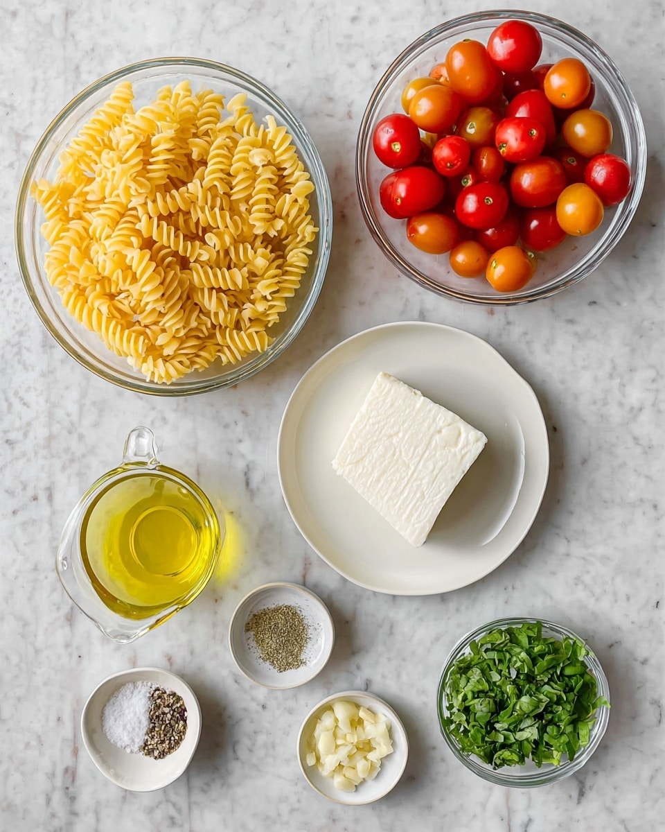 The image shows six bowls and plates with ingredients on a white marbled surface. On the top left, there is a clear glass bowl filled with uncooked yellow spiral pasta. To its right, there is another clear glass bowl filled with red and orange cherry tomatoes. Below these, there is a white plate with a block of white cheese in the center. Next to the cheese, on the right, there is a small bowl with fresh green chopped herbs. Below that, there is a medium clear glass container with yellow olive oil. On the lower left, there is a small white dish with salt, black pepper, and dried herbs. Next to it, there is a tiny white bowl with minced garlic. Finally, at the bottom right, there is another small white bowl with fresh green basil leaves. The setup looks clean and organized. photo taken with an iphone --ar 4:5 --v 7