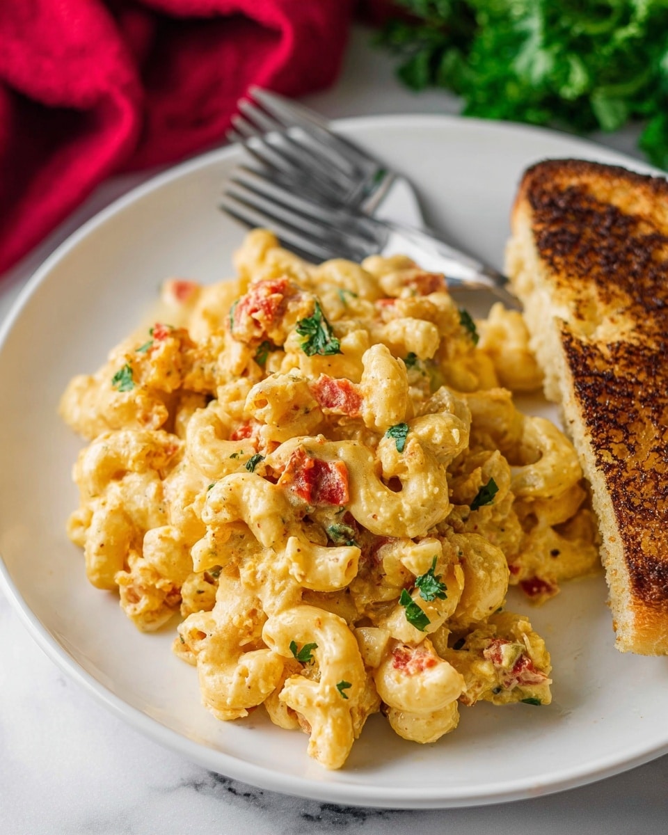 The image shows a close-up of a white plate with two main layers: the first layer is a serving of creamy macaroni pasta mixed with small pieces of red tomatoes and green herbs, giving a varied yellow, red, and green color and slightly lumpy texture; the second layer is a piece of toasted bread with a golden-brown crispy surface placed behind the pasta on the right side of the plate. There are two silver forks placed at the back of the pasta. The plate sits on a white marbled surface with a blurred red cloth and sprigs of green parsley visible in the background. photo taken with an iphone --ar 4:5 --v 7