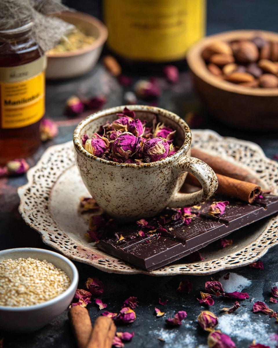 A close-up of a rustic, speckled ceramic cup full of dried rose buds and petals sitting on a decorative beige plate with a lace-like pattern. The cup is placed atop a large dark chocolate bar that is scattered with dried rose petals. Around the plate are cinnamon sticks and a small white bowl filled with sesame seeds and a cinnamon stick standing inside. In the background, blurred bowls with nuts and ingredients, plus a yellow jar labeled Manuka honey, sit on a dark surface contrasted by a white marbled texture beneath. Photo taken with an iphone --ar 4:5 --v 7