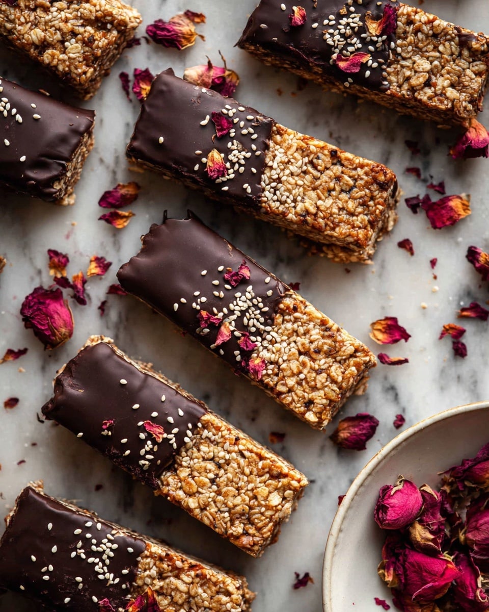 Several rectangular granola bars are arranged on a white marbled surface, each bar having two layers: the bottom layer is a light brown mix of oats and nuts with a rough texture, and the top layer is a smooth dark chocolate coating covering about half the bar. The chocolate topping is sprinkled with light brown sesame seeds and some bars have small pieces of dried red rose petals on top. Around the bars, there are scattered dried rose petals adding a pop of deep red color. In the corner, part of a white plate with red rose petals is visible. The lighting highlights the shiny texture of the chocolate and the rough granola underneath, creating a warm and inviting feel. photo taken with an iphone --ar 4:5 --v 7