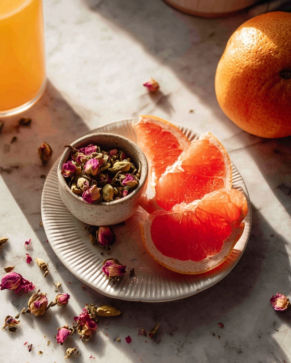 On a white plate with a ridged pattern, three bright pink and orange grapefruit slices are arranged close together on the right side. Next to the slices, on the left, is a small ceramic bowl filled with dried rosebuds that are pink and green. Around the plate and on the white marbled surface, scattered dried rosebuds add texture. On the right edge of the plate, there is a whole grapefruit with its rough orange skin visible. In the background on the white marbled surface, a glass filled with orange juice is partially seen, catching the light. The scene is lit by warm natural light, creating soft shadows and highlights. Photo taken with an iphone --ar 4:5 --v 7