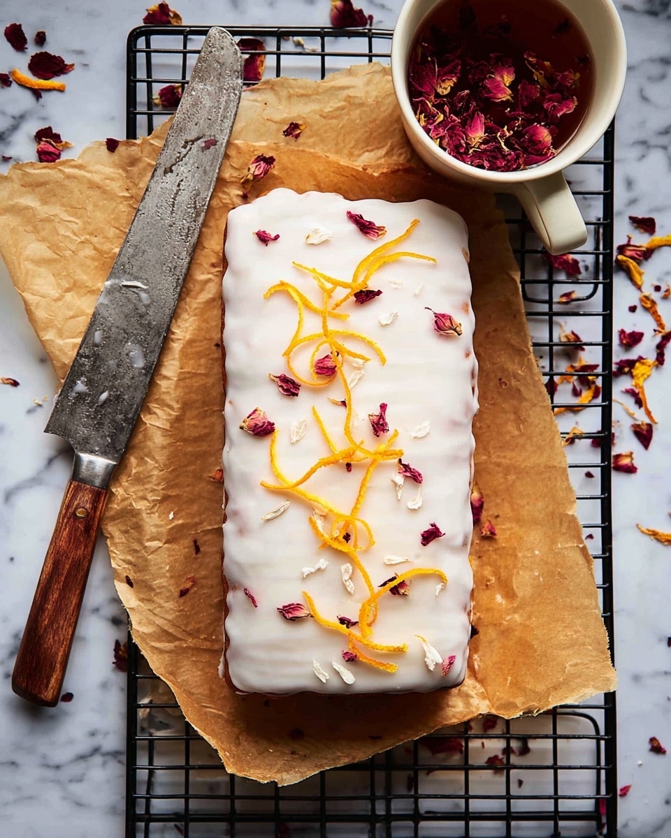 A rectangular cake covered in smooth white icing with visible textured lines across the top and sides sits on light brown parchment paper over a dark cooling rack. The top is decorated with thin orange and yellow zest curls, scattered dark red dried petals, and small white strips, creating a colorful contrast against the white icing. A rustic knife with a wooden handle lies to the left of the cake, while a white mug filled with red dried petals is positioned at the upper right corner. More dried petals and zest curls are scattered around the cake on the parchment paper and cooling rack, all placed on a white marbled surface. photo taken with an iphone --ar 4:5 --v 7