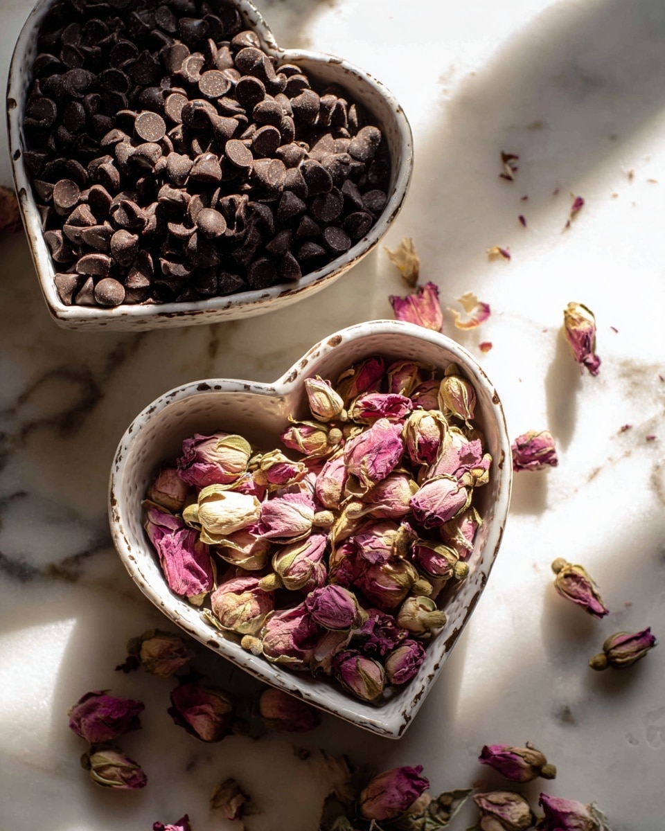 A close-up of two white heart-shaped ceramic bowls placed on a white marbled surface, each filled with different ingredients. The bowl in the background holds a large pile of dark brown chocolate chips mixed with a few small dried rosebuds, showing a rough, slightly glossy texture. The bowl in the foreground contains dried rosebuds in shades of pink and cream, with a dry, textured look. Some chocolate chips and rosebuds are scattered around the bowls on the marbled surface, with soft natural light casting shadows and highlighting the details. Photo taken with an iphone --ar 4:5 --v 7