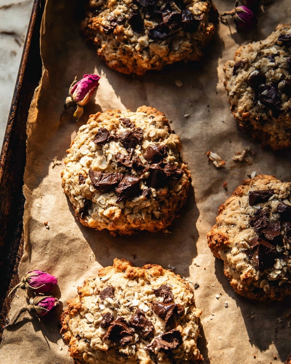 The image shows close-up of four homemade cookies on light brown baking paper placed on a dark baking tray. Each cookie has a thick, uneven base in light golden brown, topped with a chunky, crumbly oatmeal layer dotted with dark brown chocolate chips scattered unevenly. The cookies are irregular and slightly rough textured, with some chocolate chips melting slightly on top. Three small dried pink rosebuds sit near the top left corner of the image. The whole scene is lit by warm natural light, casting soft shadows, with a white marbled texture visible beneath the tray. photo taken with an iphone --ar 4:5 --v 7