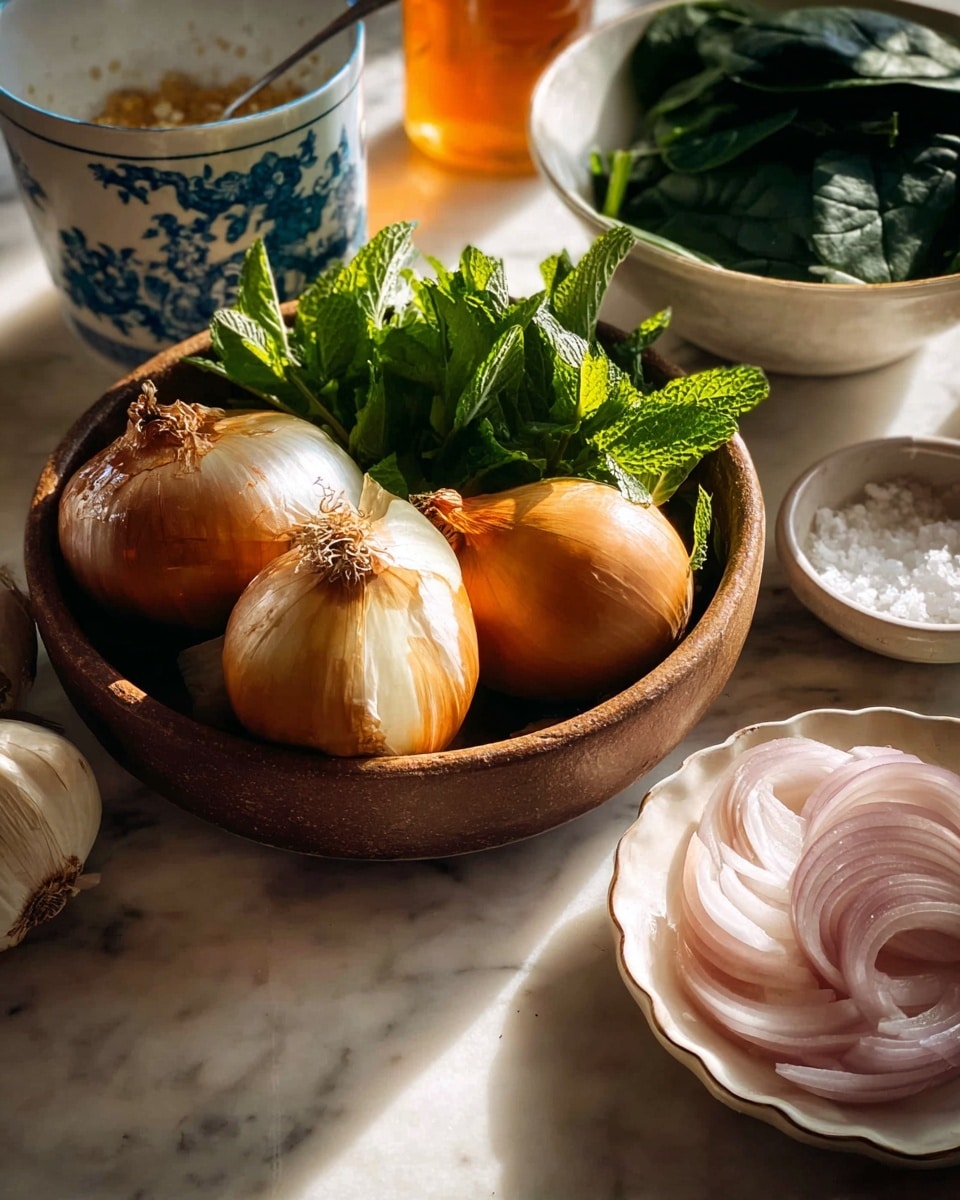 A rustic brown bowl holds three large golden onions, one partially peeled to show its shiny white inside, surrounded by vibrant green mint leaves. To the right, a white scalloped plate displays thinly sliced pale pink shallots with smooth, curved edges. Behind these, a white bowl is filled with dark green spinach leaves with a silver spoon inside. In the background, a white cup decorated with blue floral patterns is filled with coarse white salt, next to a honey jar that has a warm amber color. The scene is set against a white marbled surface, with sunlight casting soft shadows and warm highlights on the ingredients, photo taken with an iphone --ar 4:5 --v 7