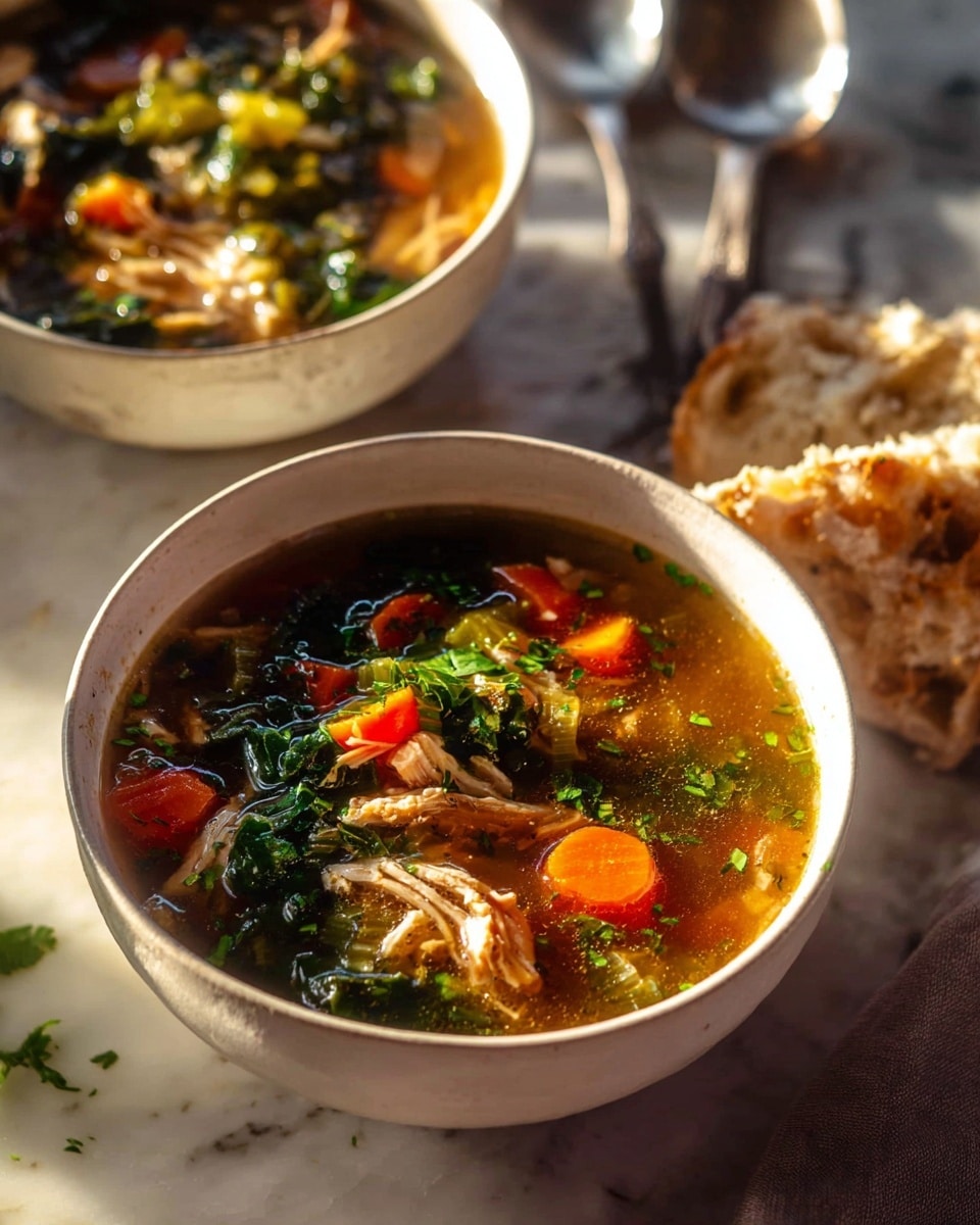 Two white bowls filled with steaming chicken vegetable soup sit on a white marbled surface. Each bowl shows layers of bright orange carrot chunks, green leafy spinach, pale celery pieces, and shredded light chicken in a clear brown broth. Fresh chopped green herbs float on top, adding a fresh pop of color. To the right of the front bowl, there is a piece of torn bread with a rough golden crust. Two shiny silver spoons lie behind the bowls, partially blurred. Warm sunlight highlights the textures and colors, creating a cozy feeling. Photo taken with an iphone --ar 4:5 --v 7