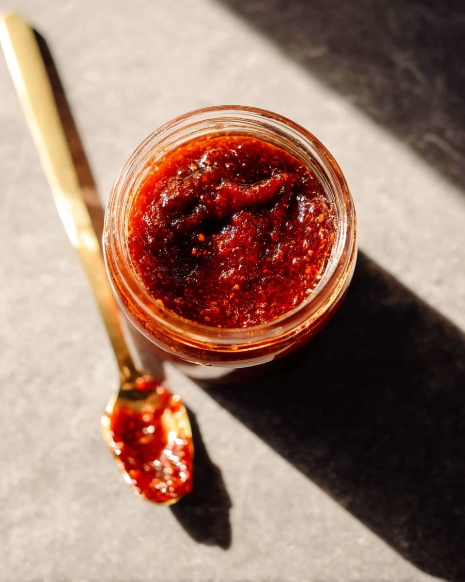 An open glass jar filled with thick, rich dark red sauce that has a slightly chunky texture, sitting on a white marbled surface with bright sunlight casting shadows. Next to the jar is a long thin gold spoon with some sauce smeared on it, placed diagonally to the jar. The image focuses closely on the sauce inside the jar and on the spoon, showing the glossy, textured surface of the sauce photo taken with an iphone --ar 4:5 --v 7