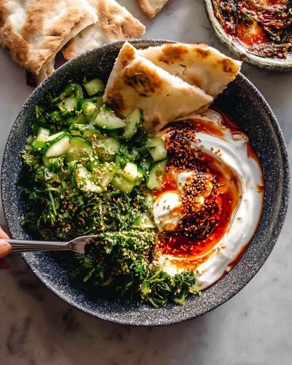 The dish is served in a deep, round bowl with a speckled dark gray finish, placed on a white marbled surface. Inside the bowl, there are three main layers: on the left side, a fresh green salad made of chopped light green celery, dark green leafy herbs, torn cucumber chunks, and sprinkled with light toasted sesame seeds; on the right side, smooth white creamy yogurt forms the base layer with bright red chili oil sauce dribbled on top, creating a shiny, slightly oily texture that contrasts with the yogurt; scattered sesame seeds add texture on the chili sauce side. Beside the bowl, there are triangular pieces of flatbread with a light golden brown toasted surface. A woman's hand is seen holding a knife spreading green salad onto a piece of flatbread. Photo taken with an iphone --ar 4:5 --v 7