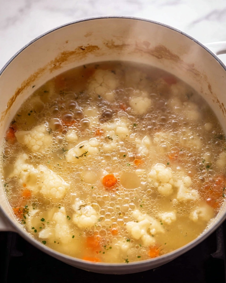 A white pot filled with boiling soup shows large, soft cauliflower pieces floating in a light yellow broth, with small bits of orange carrot and tiny green herbs scattered throughout. The soup bubbles vigorously, creating many clear, round bubbles on the surface. The inside rim of the pot has some brown stains and steam rises gently from the hot liquid. The pot sits on a surface with a white marbled texture photo taken with an iphone --ar 4:5 --v 7