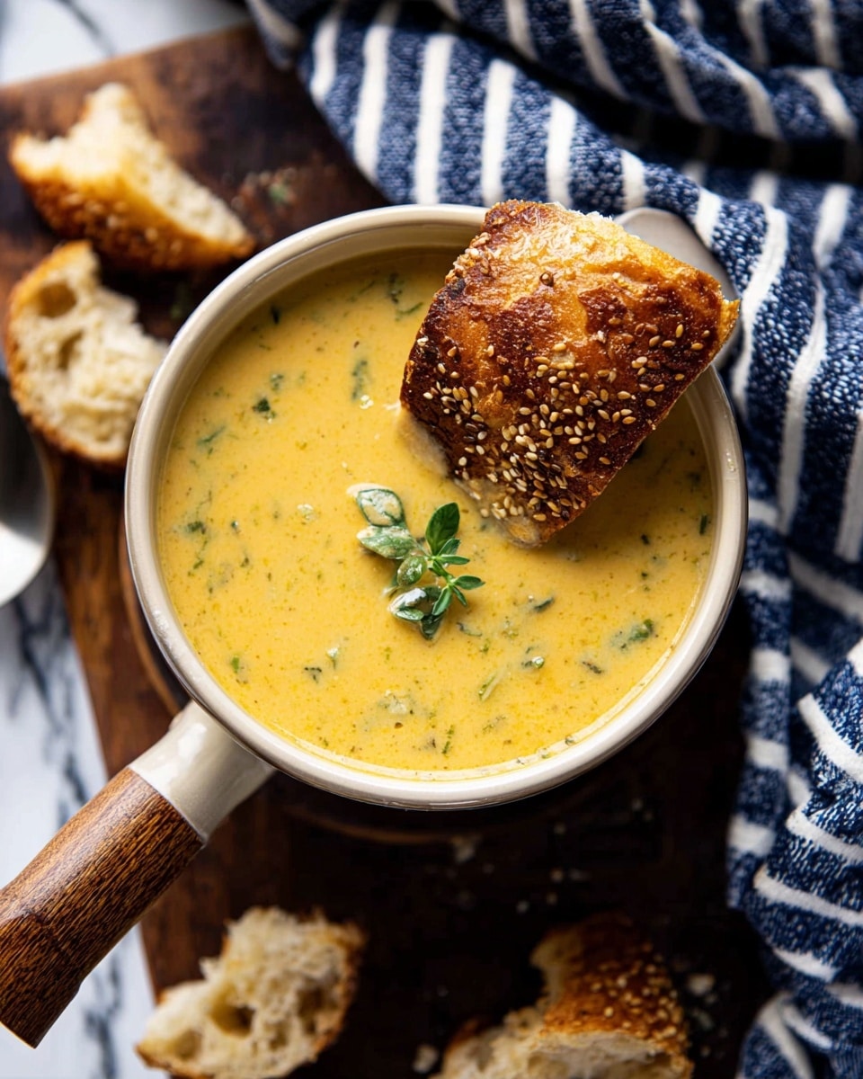 The image shows a creamy yellow soup with green specks, served in a white bowl with a wooden handle. A piece of golden-brown bread sprinkled with sesame seeds is partially dipped into the soup, sitting slightly off-center. A small green herb garnish is placed on top of the soup near the bread. Around the bowl, there are some broken pieces of similar bread on a dark wooden surface, with a soft fabric featuring navy blue and white stripes in the upper part of the scene. The background is a white marbled texture. photo taken with an iphone --ar 4:5 --v 7
