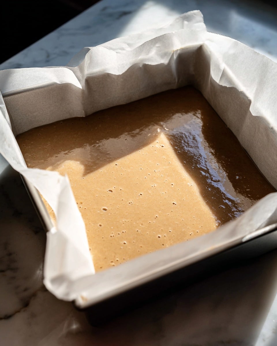 A square baking pan lined with white parchment paper holds a smooth, light brown batter evenly spread inside, showing a glossy and slightly reflective surface with small bubbles scattered throughout. The pan rests on a white marbled surface with soft shadows around it, hinting at natural light falling from one side. Photo taken with an iphone --ar 4:5 --v 7