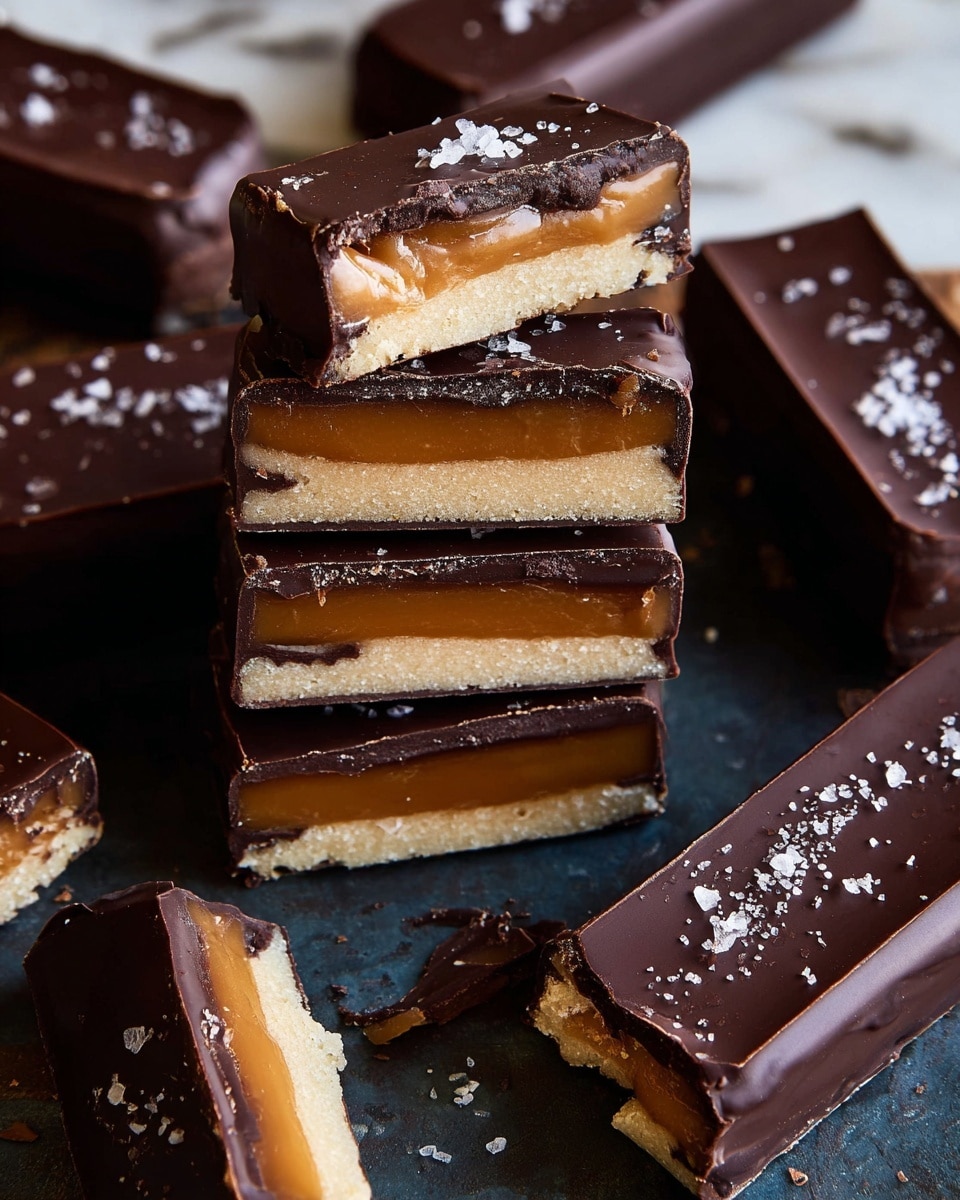 The image shows several chocolate bars stacked on a dark surface with a white marbled texture in the background. Each bar has three distinct layers: a dark, smooth chocolate outer layer covering the entire bar, a middle layer of golden caramel with a glossy texture, and a bottom layer of pale, crumbly shortbread. Some bars are whole, while a few are broken in half to clearly show the inside layers. A few bars have a sprinkle of coarse sea salt on top, adding texture and contrast. Photo taken with an iphone --ar 4:5 --v 7