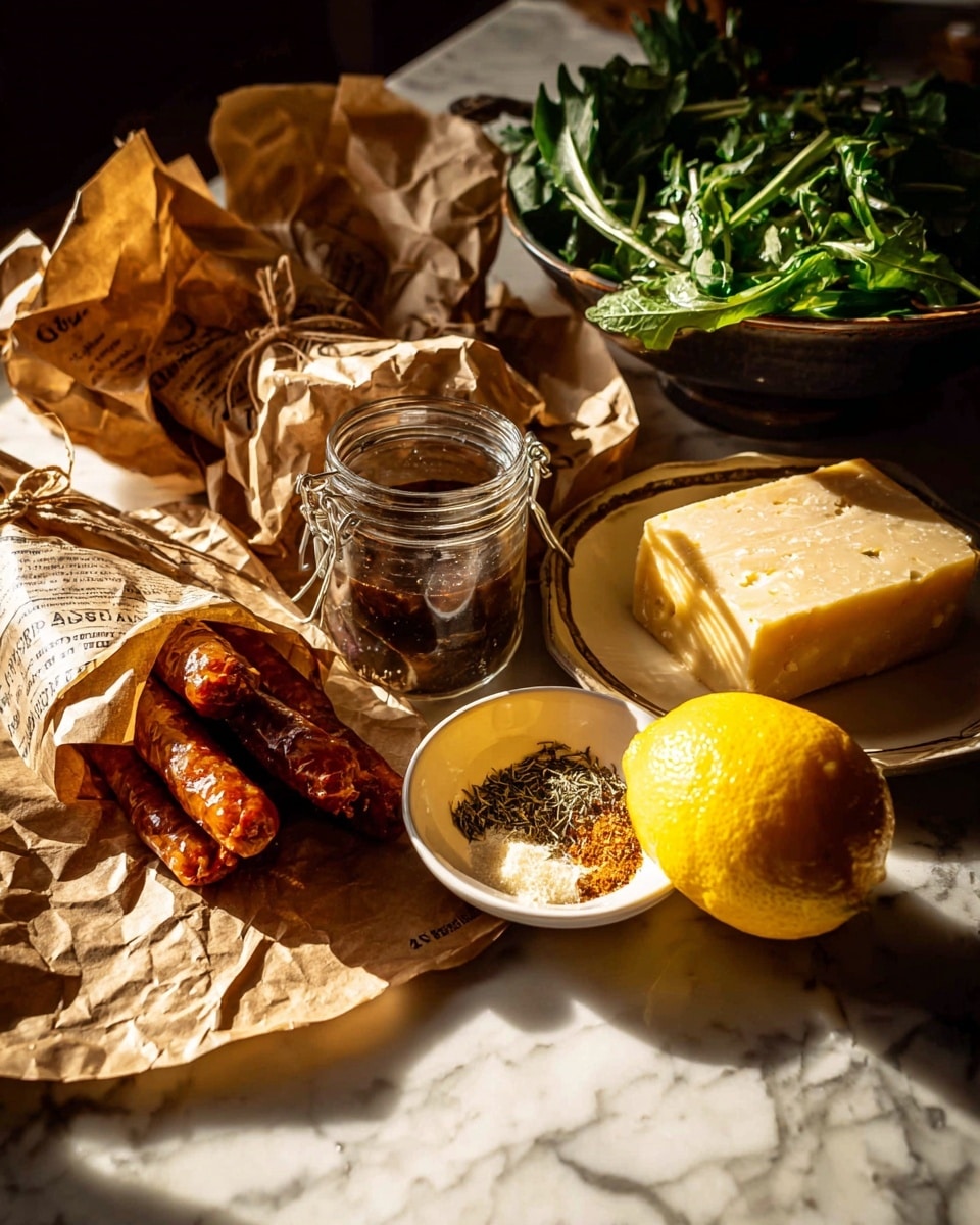 The image shows a rustic food arrangement on crumpled brown paper over a white marbled surface. On the left side, there are several dark orange sausages wrapped loosely in brown paper. In front of the sausages is an open glass jar with a dark sauce inside. Toward the center right, there is a small white bowl filled with a mix of dried herbs and spices, topped with a bright yellow lemon half resting on it. Just behind the bowl is a white plate holding a block of pale yellow cheese with visible holes and a lemon wedge. The background has a dark bowl filled with leafy green herbs or salad. The lighting creates warm highlights and soft shadows, adding a cozy feel to the scene. Photo taken with an iphone --ar 4:5 --v 7