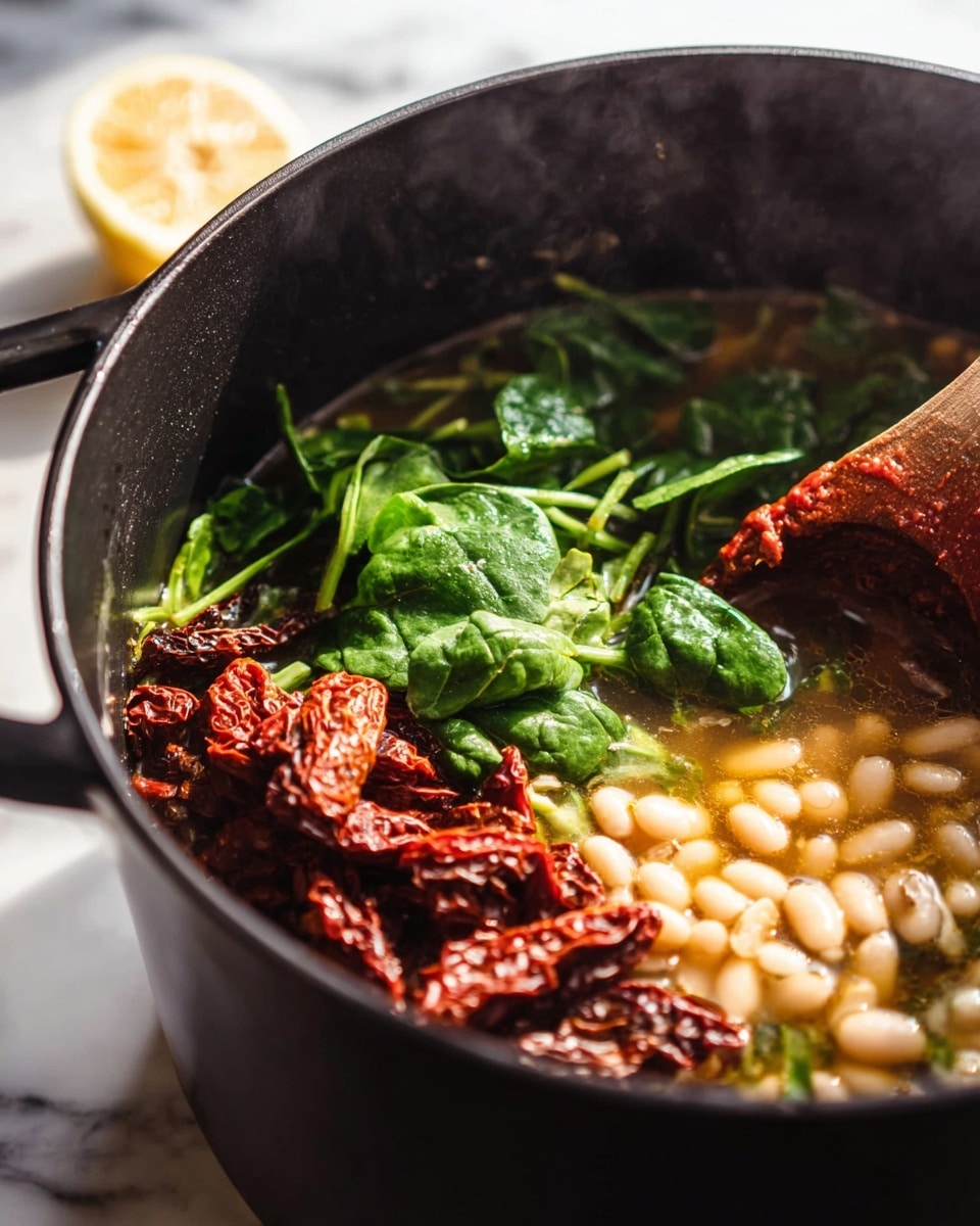 Inside a large black pot, a steaming soup is visible with several layers: the bottom layer is a light broth with a slight yellow tint, filled mostly with small, smooth white beans; resting on top of the beans are fresh, bright green spinach leaves scattered around; on one side, a pile of deep red sun-dried tomatoes with a wrinkled texture adds color contrast; a wooden spoon with reddish residue leans inside the pot, partially stirring the ingredients; in the blurred background, a lemon half is visible against a white marbled surface. Photo taken with an iphone --ar 4:5 --v 7