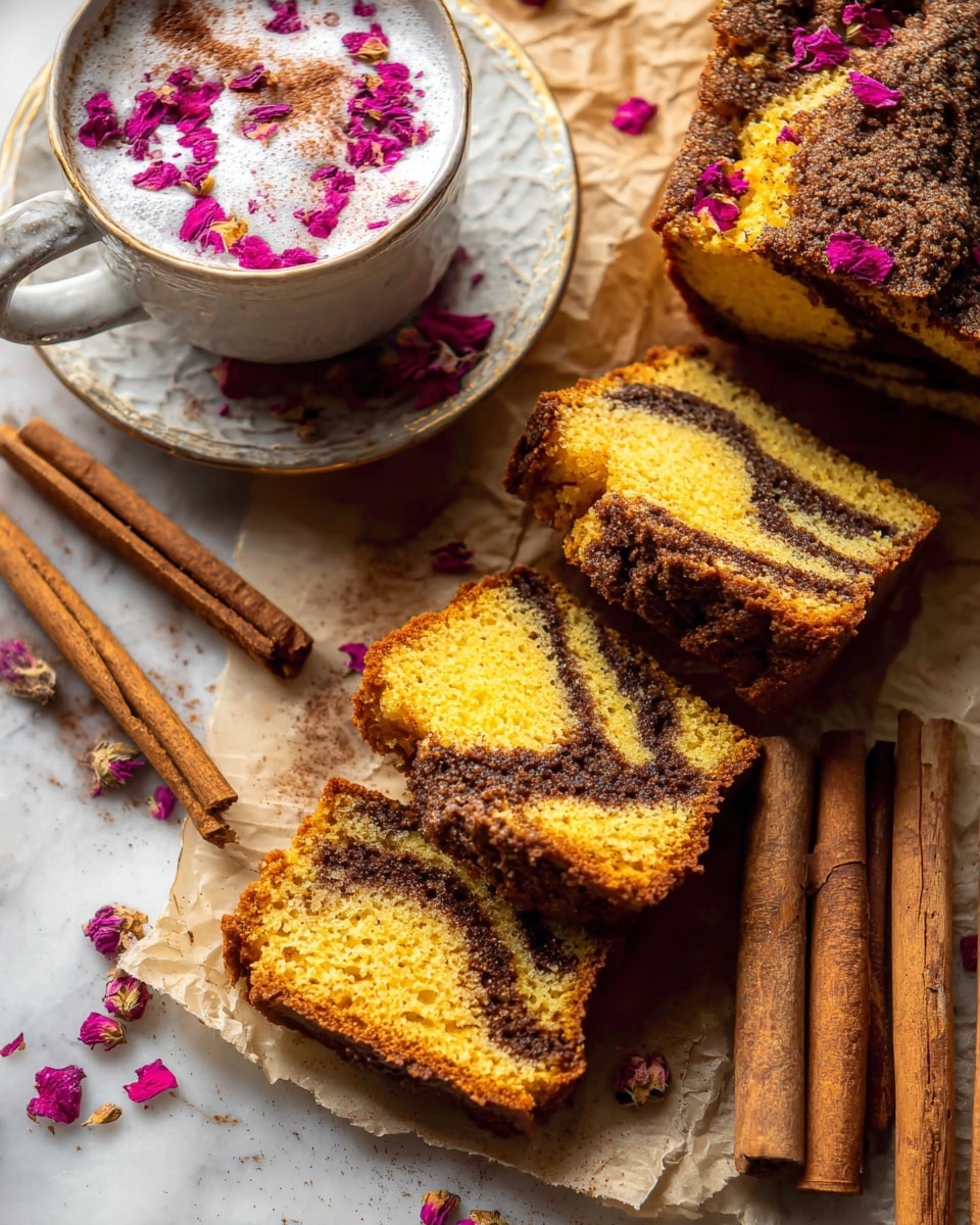 The image shows several pieces of yellow cake with dark brown swirls on a white marbled textured surface covered partially with parchment paper. The cake has two layers, a soft yellow base layer, and a dark brown spiced swirl layer running through the middle. Next to the cake slices, there is a white cup filled with frothy cream topped with pink rose petals and a whole cinnamon stick, placed on a white saucer with more cinnamon sticks scattered around it on the white marbled texture. The warm tones of the cake contrast with the bright white of the cup and saucer and the soft pink petals. photo taken with an iphone --ar 4:5 --v 7