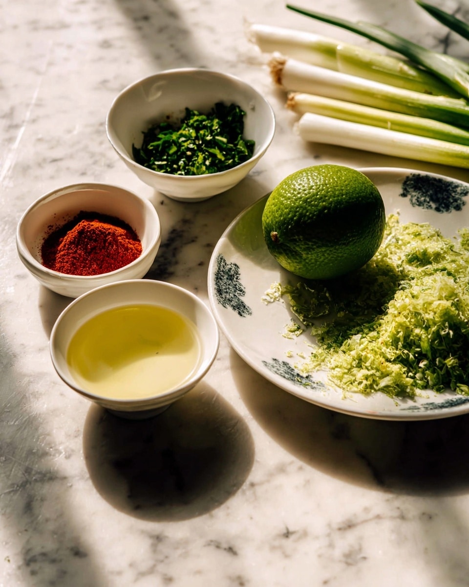 The image shows a small white bowl with a light yellow liquid on the left, a white bowl with red powder in the middle, and a white bowl filled with green chopped herbs in the back. On the right side, there is a white plate with a whole green lime, a squeezed lime half showing the inside, green lime zest spread on the plate, and some long white pieces that look like cut green onions. The background is a white marbled surface with natural light and shadows creating a warm atmosphere. Photo taken with an iphone --ar 4:5 --v 7