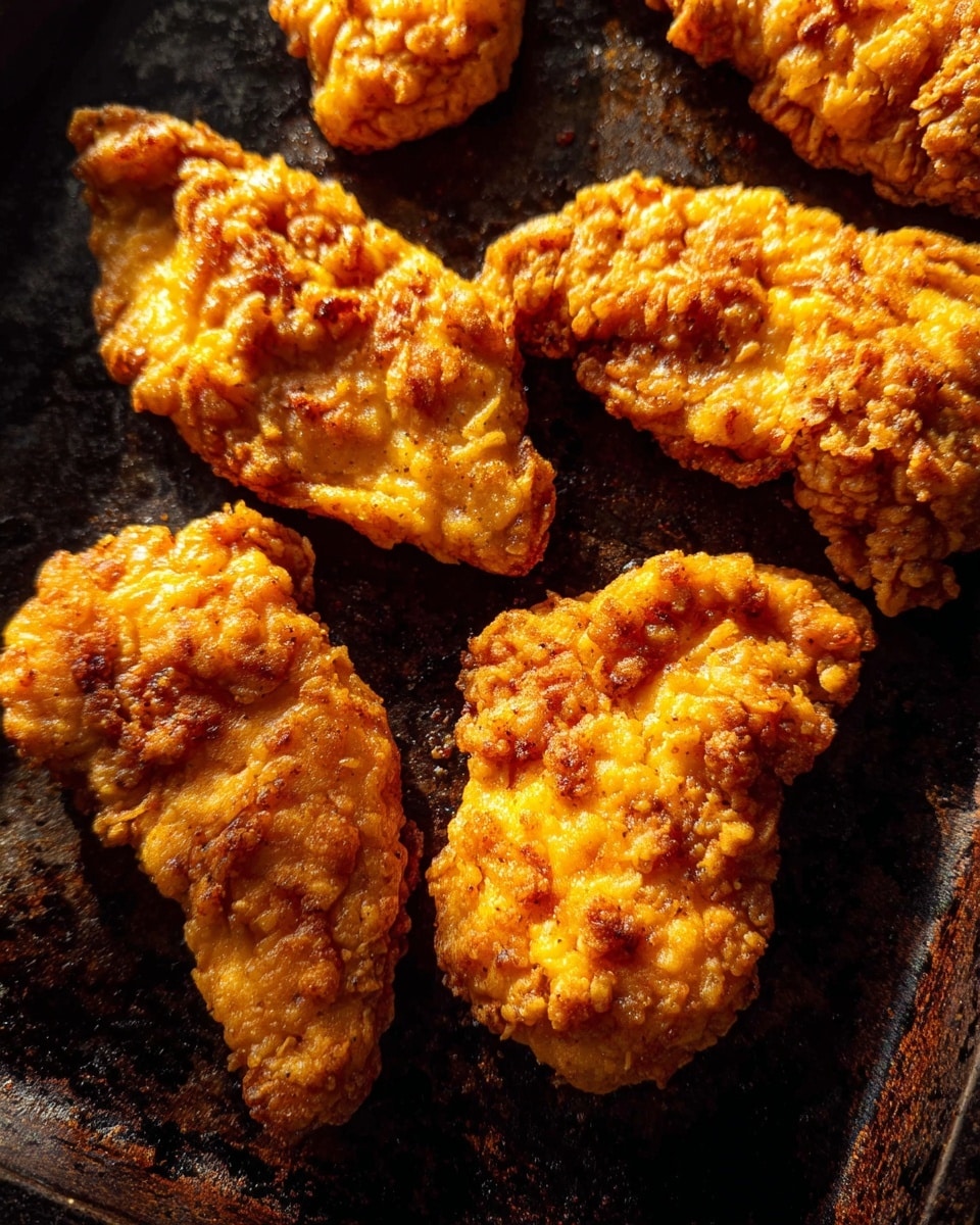 The image shows several pieces of fried chicken with a thick, crispy, golden-brown crust that has a rough, bumpy texture, scattered on a dark baking pan. The chicken pieces are irregular in shape and size, each with a crunchy coating that has deeper brown spots where the frying created extra crispiness. The lighting highlights the uneven surface and adds a warm glow to the golden color of the chicken, while the background pan features a worn, slightly rusty look that contrasts with the bright color of the chicken. photo taken with an iphone --ar 4:5 --v 7
