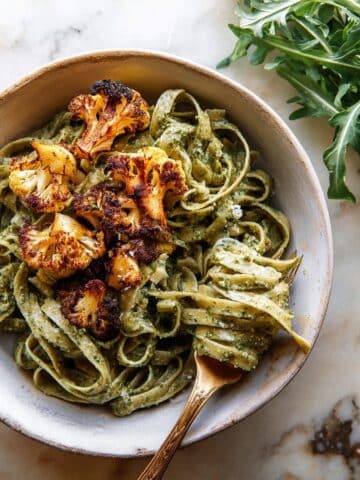 Crispy Roasted Cauliflower with Creamy Pesto Pasta Recipe