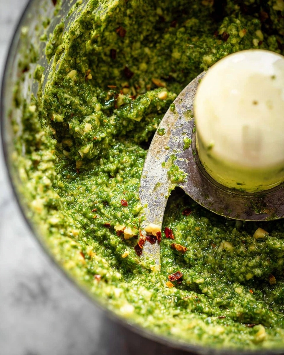 The image shows a close-up of a thick green pesto sauce with a coarse texture inside a food processor. The pesto is made of finely blended green herbs mixed with small pieces of nuts and bits of garlic, with some red chili flakes scattered on top. The food processor blade and central plastic piece are visible, coated partly with the green mixture, and the edge of the metal bowl holding the pesto is seen. The background is a white marbled texture. photo taken with an iphone --ar 4:5 --v 7