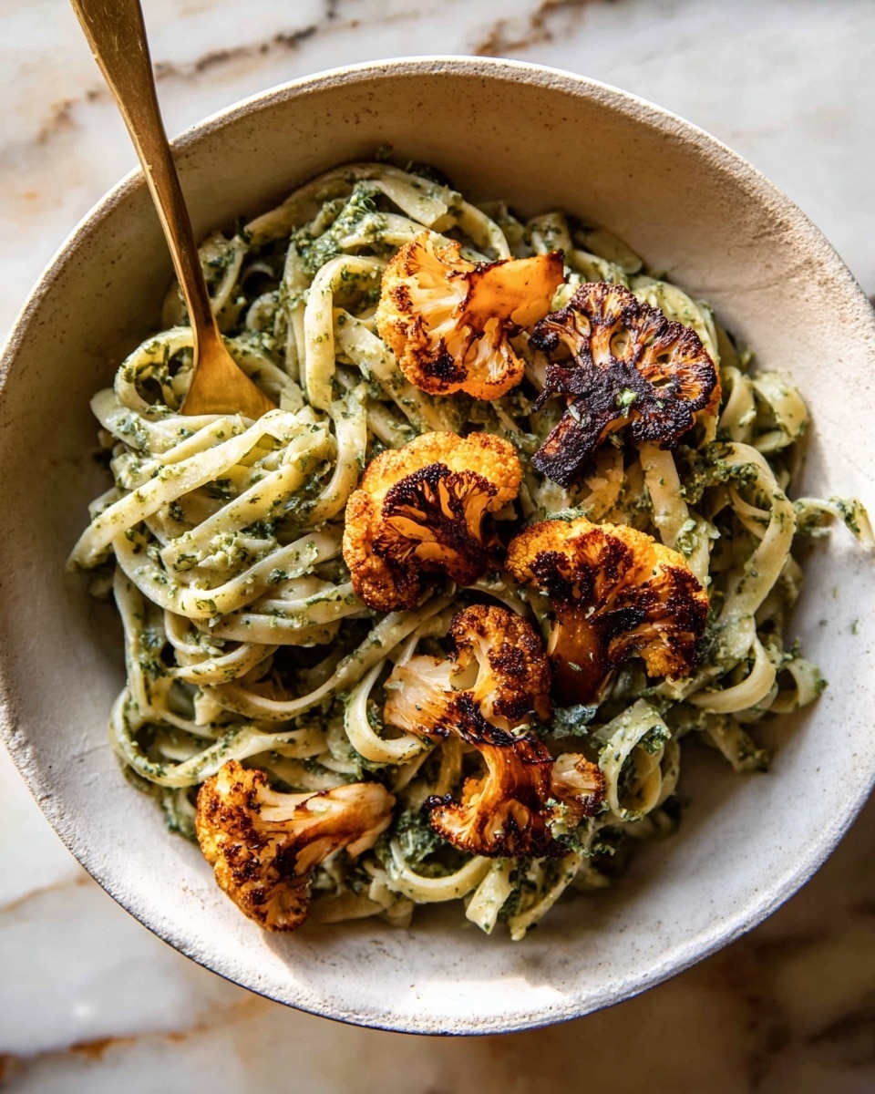 A white bowl holds a serving of fettuccine pasta coated in a green herb sauce, with the noodles twisted into three distinct bundles spread around the bowl. On top and around the pasta are five pieces of roasted cauliflower, browned and crispy with dark charred spots, adding texture and warm orange tones. A gold fork partially rests on the left side of the bowl, lifting some pasta and cauliflower. The background features a white marbled surface with soft, natural lighting highlighting the textures and colors of the dish. photo taken with an iphone --ar 4:5 --v 7