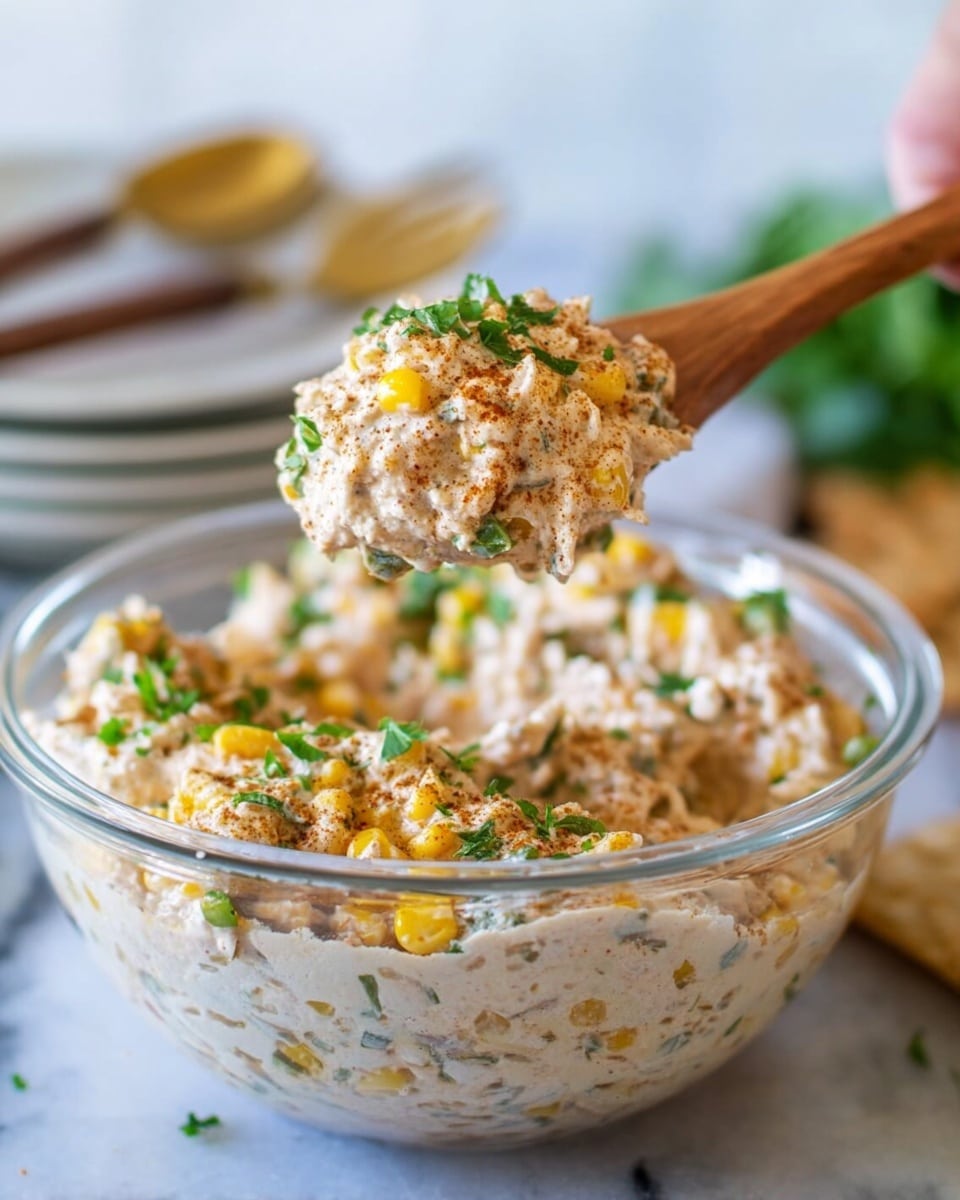 The image shows a clear glass bowl filled with a creamy, chunky mixture that has a light beige color dotted with bright yellow corn, small green bell pepper pieces, and bits of shredded food, topped with chopped fresh green herbs. A wooden spoon lifts a spoonful of the mixture above the bowl, highlighting the mix's thick, textured consistency with visible spices sprinkled on top. The background is softly blurred, featuring a white plate and utensils resting on a white marbled surface. A woman's hand is holding the wooden spoon in the top right corner. photo taken with an iphone --ar 4:5 --v 7