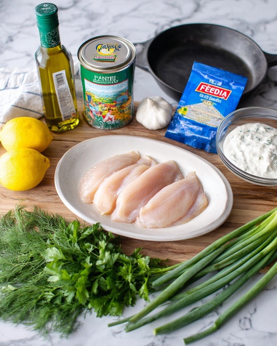 A white oval plate in the center holds three raw pale pink chicken fillets, smooth and fresh on top of a wooden textured surface. To the left of the plate, there are two bright yellow lemons and a bunch of fresh green parsley with leafy texture. Behind the plate, a green bottle of olive oil stands tall next to a tin of Cavender's seasoning with a colorful label, then a blue packet of feta cheese chunks. To the right of the plate, there's a clear bowl filled with white creamy yogurt or sour cream, a whole white garlic bulb, a bunch of fresh green dill with feathery leaves, and several fresh green onions with long stems. A black cast iron pan is visible on the left back side. The scene is laid on a white marbled textured surface. Photo taken with an iphone --ar 4:5 --v 7