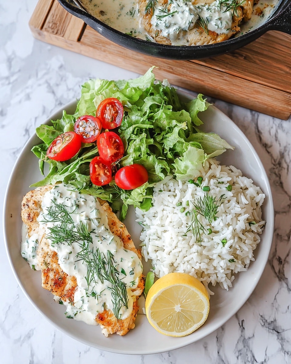 A white plate holds three sections: a portion of white rice mixed with green herbs on the top right, a salad made of green leafy lettuce and halved red cherry tomatoes on the left, and a golden brown cooked chicken fillet topped with a creamy white sauce, fresh green dill sprigs, and a round slice of yellow lemon on the bottom right. The plate rests on a white marbled surface beside a black pan with more chicken and sauce visible. Photo taken with an iphone --ar 4:5 --v 7