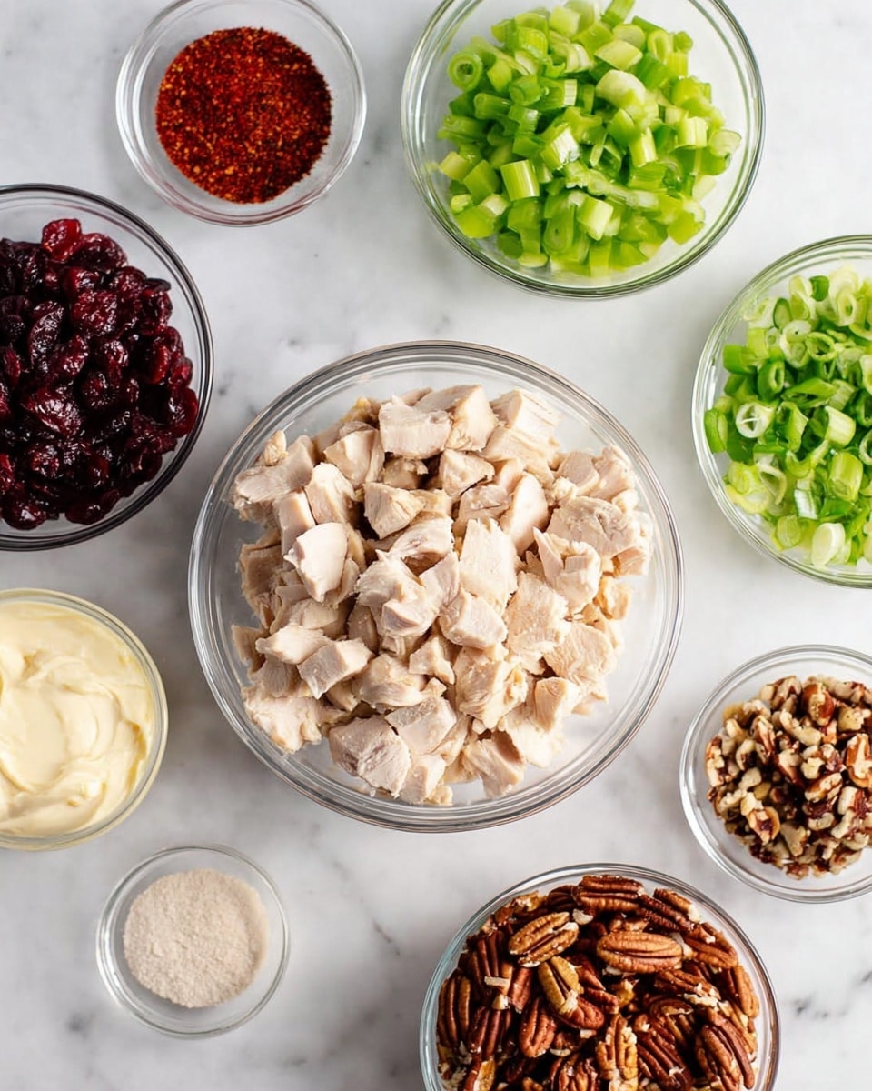 A top view of several clear glass bowls arranged on a white marbled surface, each holding a different ingredient. The largest bowl in the center contains diced cooked chicken pieces, pale beige with a tender texture. To the upper right, a bowl is filled with bright green diced celery, small and crisp. Nearby, a smaller bowl holds deep red dried cranberries with a wrinkled texture. Below the chicken, a bowl of mayonnaise shows a creamy, thick, pale yellow layer. A small bowl to the left has red paprika powder, finely ground and vibrant. Another clear bowl contains chopped green onions, showing fresh green rings and slices. To the bottom right, a bowl filled with toasted pecans is dark brown and crunchy looking. Two tiny bowls hold light beige and white powders, likely seasonings or spices, adding subtle texture contrast. The entire setup is neat and bright, with focus on the fresh and varied ingredients. photo taken with an iphone --ar 4:5 --v 7