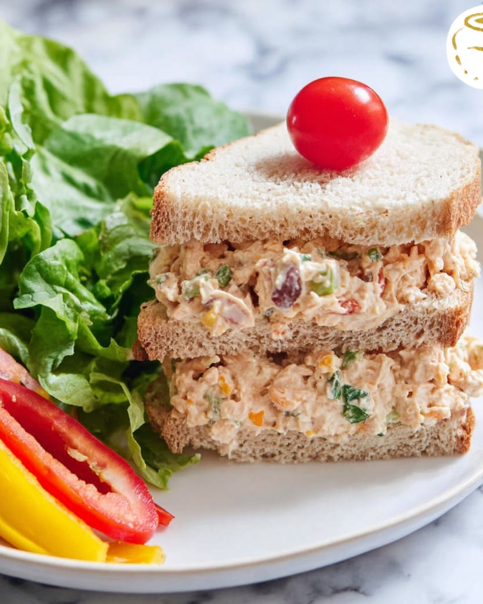 A close-up view of a sandwich on a white plate, layered with two pieces of light brown bread with a soft texture, filled generously with a creamy, chunky mixture that has small green bits and a light orange color. On top of the sandwich, there is a single bright red grape tomato. To the left side of the plate, fresh green leafy lettuce and thin slices of red and yellow bell pepper add a fresh touch. The plate is set on a white marbled surface. photo taken with an iphone --ar 4:5 --v 7